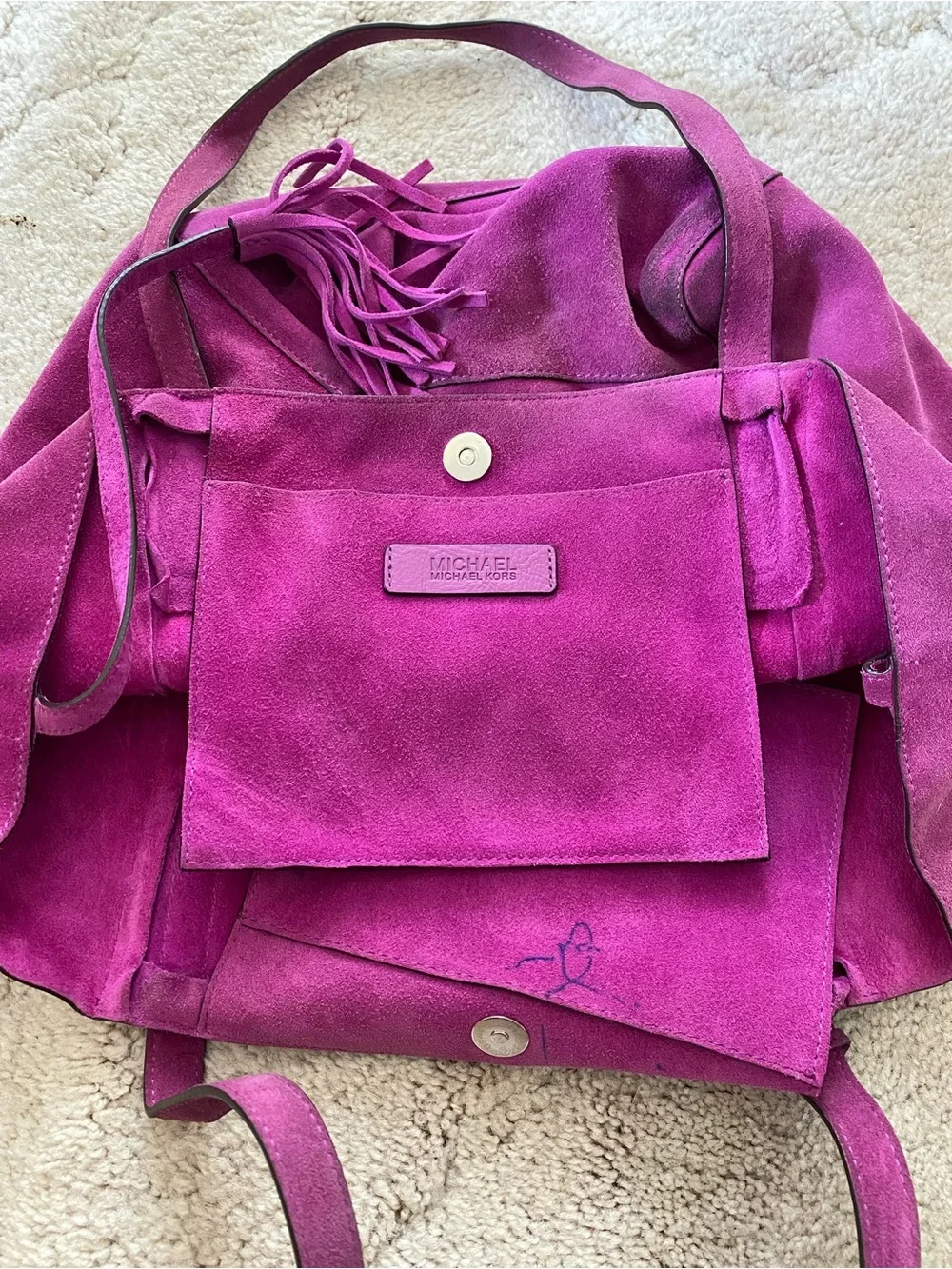 Michael Kors Suede Tote in fuchsia with MK Charm